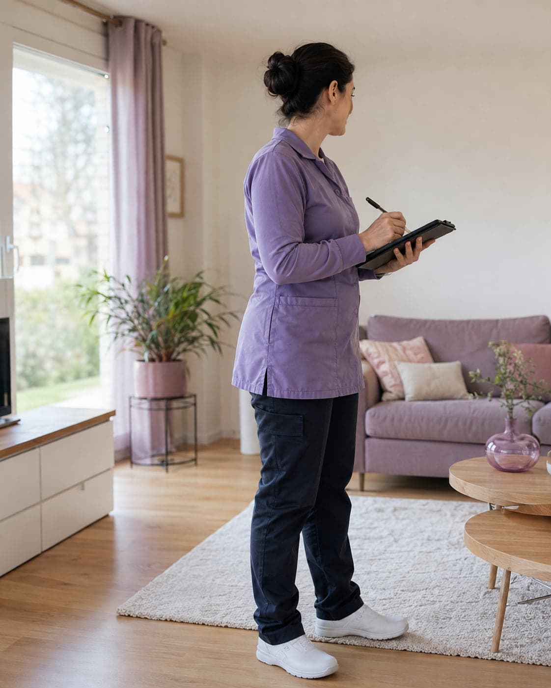 Intervenante en tenue de travail notant une consigne dans le séjour d'un logement